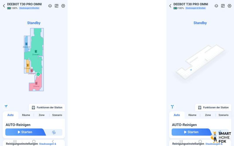 Die 2D- und 3D-Kartendarstellung in der DEEBOT T30S App ist zu sehen.